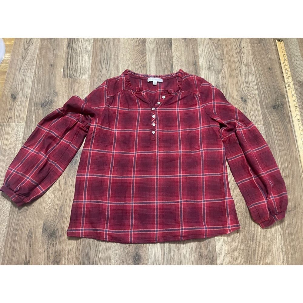 Daily Thread Blouse, Women's Petite Small, Red Blue, Plaid, V-neck, 1/4 Button